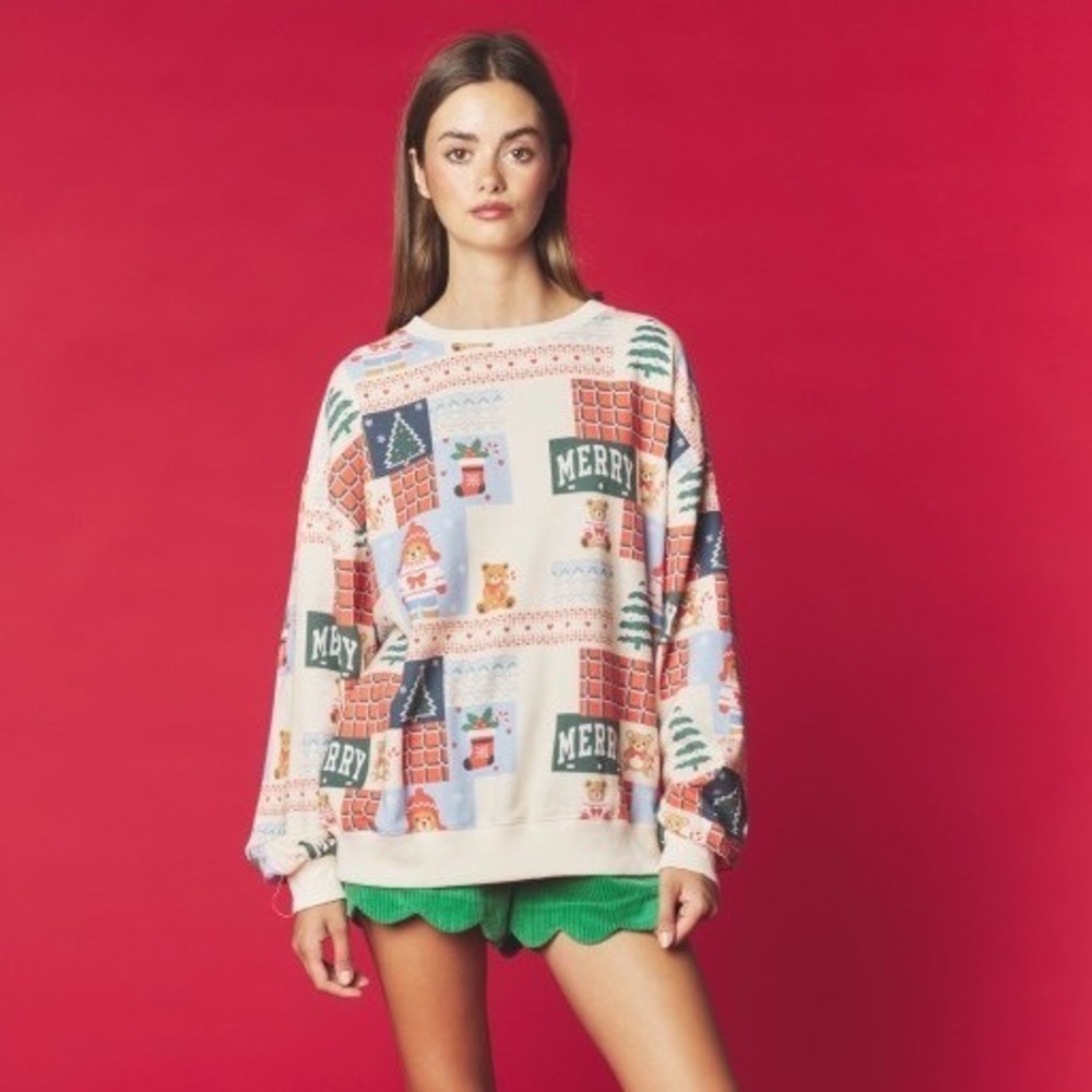 C279.New Rareraw Holiday Patchwork Print Oversized Sweatshirt Christmas Cream M